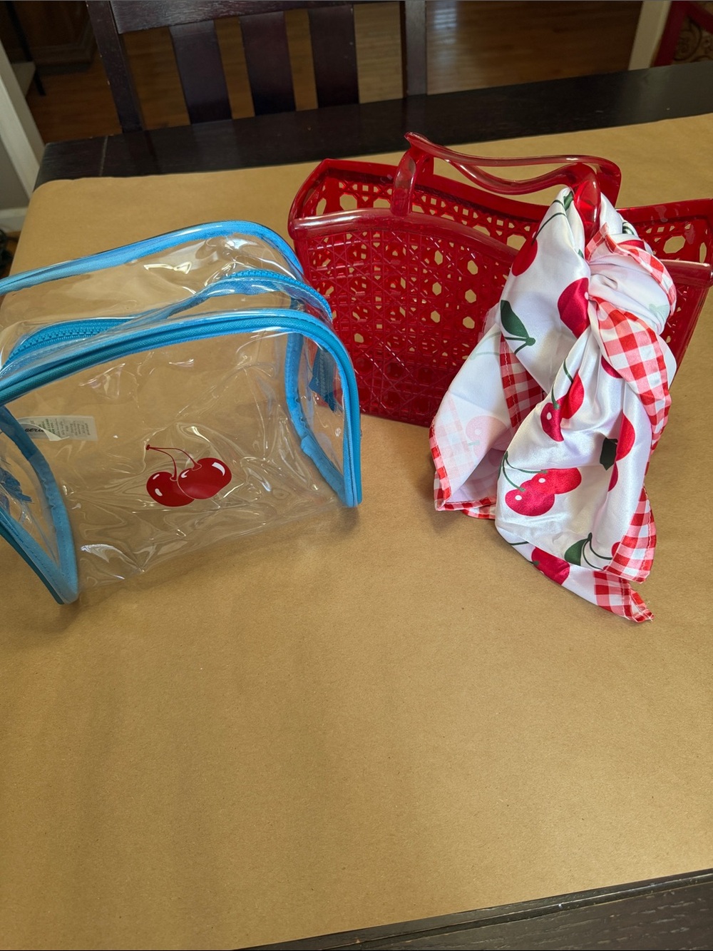 Aerie Clear Cherry Cosmetic Bag with Old Navy red jelly bag & cherry scarf